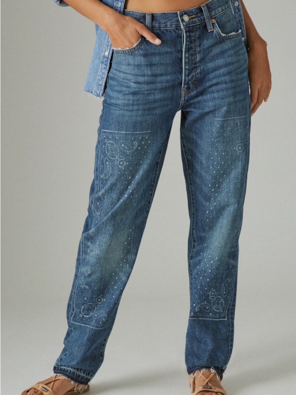 Lucky Legend Lucky Brand Bandana Print Straight Leg Raw Hem Jeans Size 10